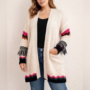 SIMPLY BE Classic Black Cream Pink Geometric Knit Boho Fringe Cardigan US 12-14